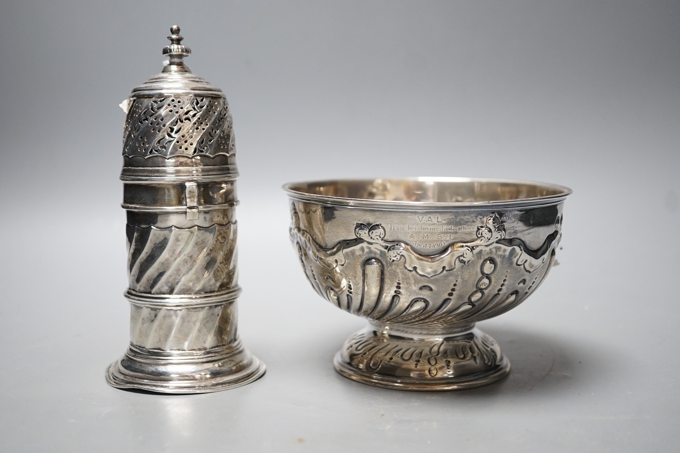 A late Victorian silver lighthouse sugar caster, Birmingham, 1893, 17.3cm and similar repousse rose bowl, 13.4oz.